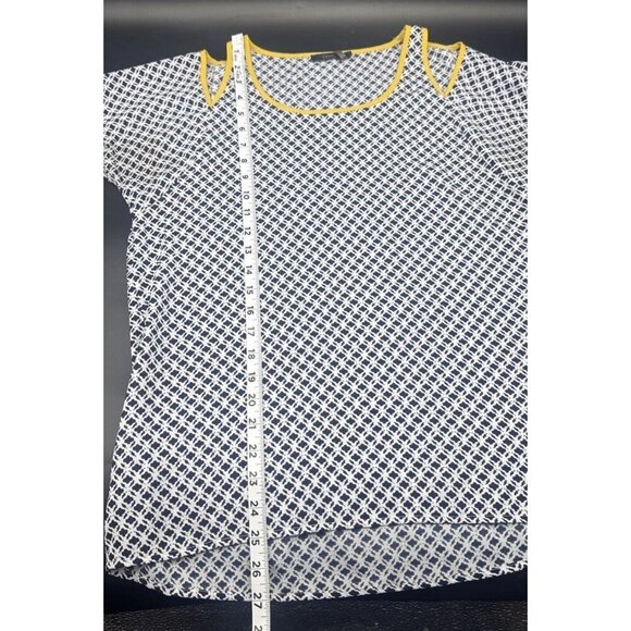 THML Women’s Blue White Yellow Trim Cold Shoulder Peek A Boo Blouse Top Sz M - Picture 9 of 9